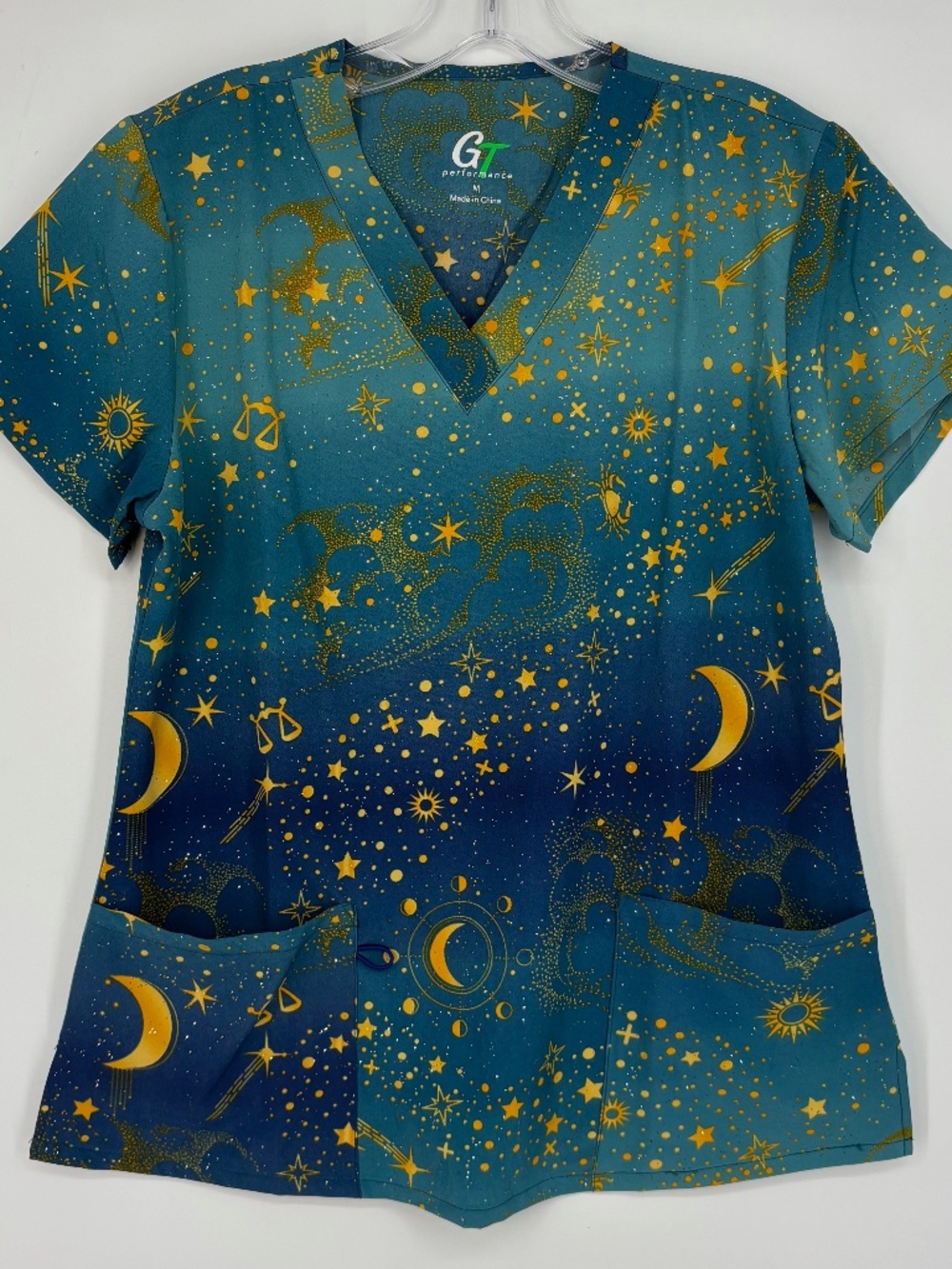GT Performance Womens Medium Scrub Top Turquoise Blue Gold Celestial Glitter SS